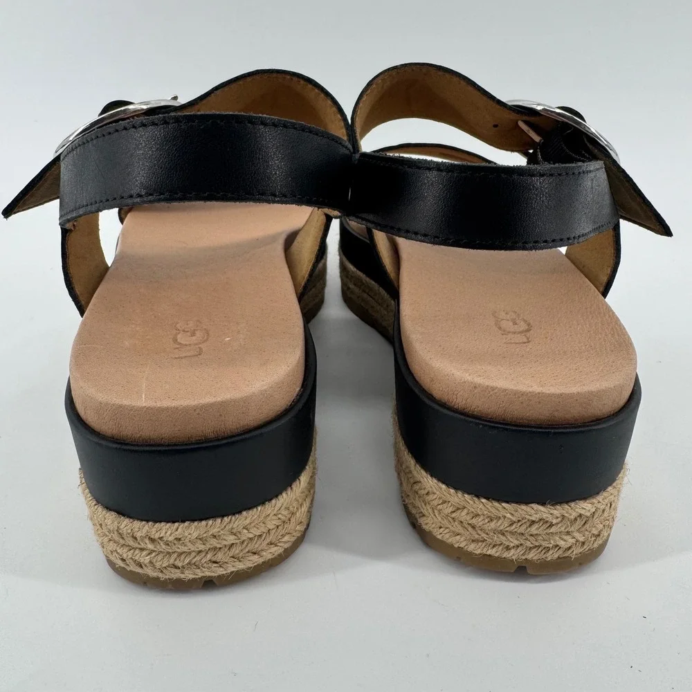 UGG April Platform Sandals Womens 12 Black Leather Espadrille Buckle